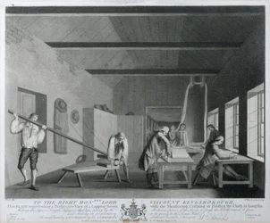 Perspektivische Ansicht eines Lappenzimmers mit dem Messen, Kräuseln oder Falten des Stoffes in Längen, Platte XI der Leinenmanufaktur von Irland, 1783